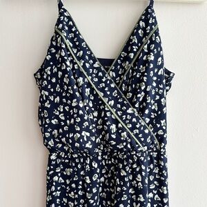 As U Wish Navy Blue and Green Animal Print Cinched Waist Jumpsuit, Size Small